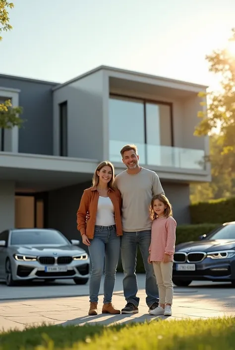 An image where there is a family (dad, mother and two children) Outside a large modern house with a BMW car and next to the house is a large school 