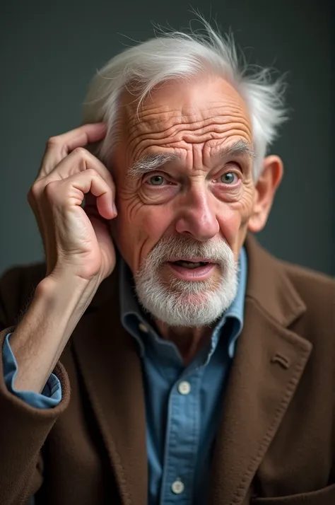 Image of an elderly uncle listening loudly with his hand on his ear.