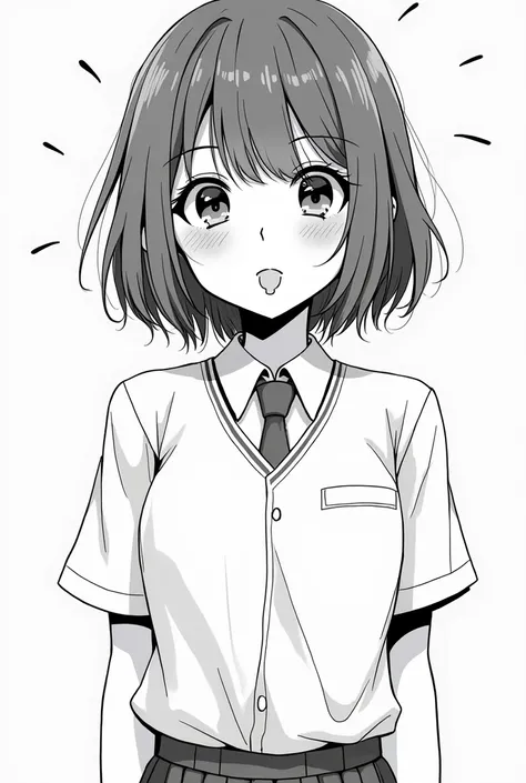 sexy hot, A black and white manga-style girl with large, expressive eyes. she is doing ahegao, His tongue is out of his mouth and he is salivating, sHe has saliva dripping from his mouth, +18 content , She has a short bob haircut with bangs, slightly messy...