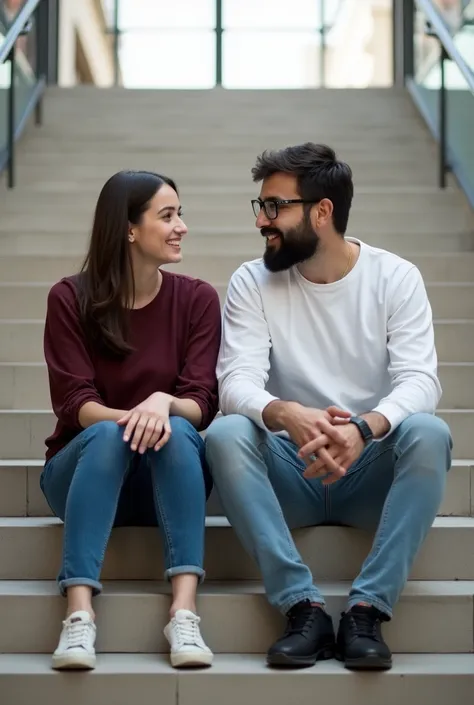 A woman and a men are sitting for talking on the wide stairs the women is wearing a maroon top and jeans , the men is wearing a white full sleeve t shirt, jeans , spec and black sneakers. 