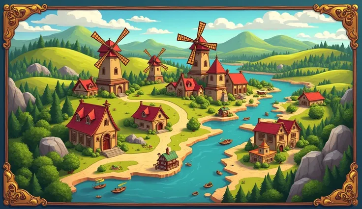 Cartoon style map, it must contain several cities, which relate to trade. A pair of windmills. It should include margins and a border.