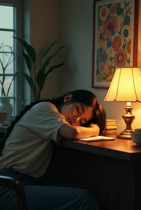 Profile picture filipino lady with shoulder length braids sleeping on desk in front of window with oil lamp near her abstract art style masterpiece