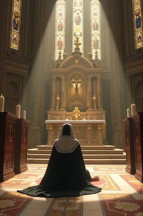 A catholic nun lay on the floor of a grand church chapel infront of the holy eucharist in worship and honor