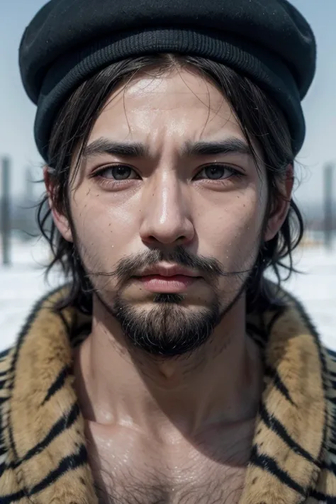 beret, blank eyes, tiger ears, open mouth, crazy, facial hair, no nose, serious, holding breath, fading border, first-person view, Nikon, UHD, high quality