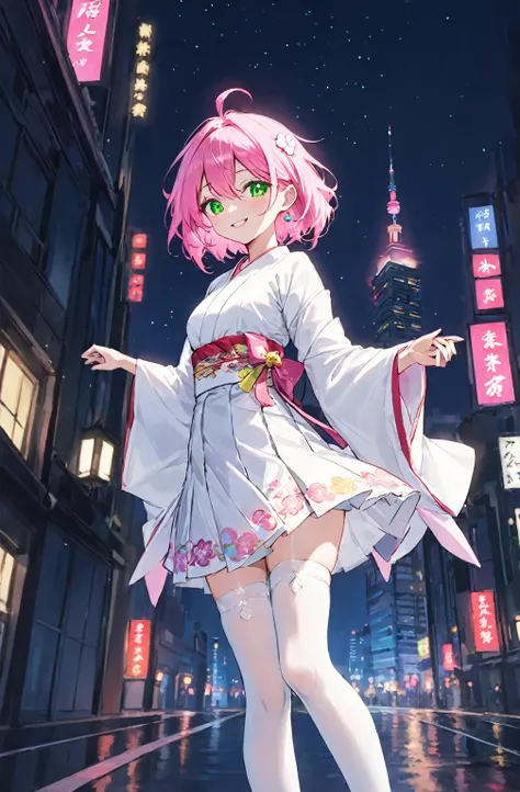 ((A pink-haired))，The hair was long，green eyes,Very long dull hairs，night city background，((white kimono costume))，((White miko stockings))，((white mini skirt)), night,standing,pink hair,pink hair,night city,((dark place)),((white kimono costume))，((White ...