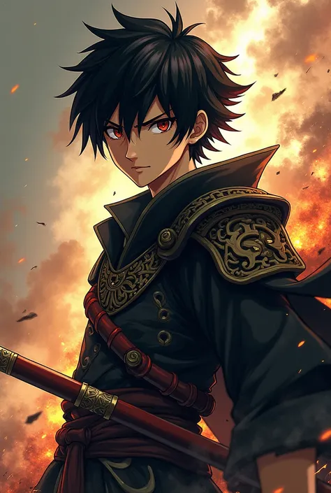 Create an image of a young, fierce warrior depicted in death note anime style. The warrior should have a determined expression, with sharp, intense eyes and a strong, confident pose. Outfit the warrior in detailed, traditional armor, including a flowing ca...