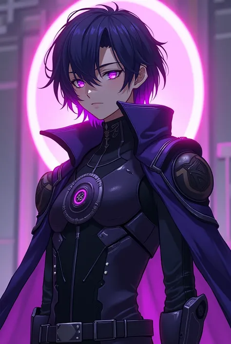 anime style, 16K, a high resolution, Best quality, high quality, super detailing, high detail, accurate, masterpiece, uhd, 1male, teenager boy, purple pupils, Violet mechanical armor with dark black clothes under armor, Half Violet half black short hair, c...