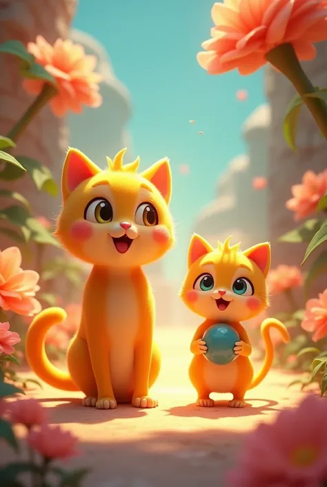 • Returning to Normal Size: "Mango Cat and Motu returning to their normal sizes as they place the special flower beside the magical stone. The glowing light around them fades, and they are back to their original selves, joyful and relieved."
3D cartoon sty...