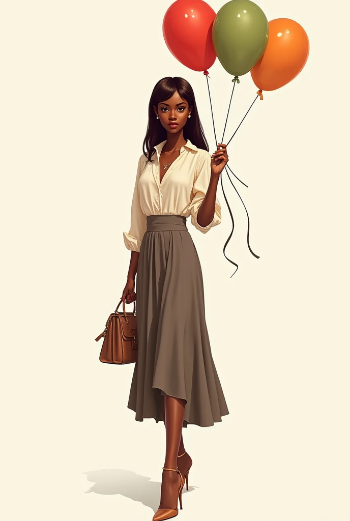 drawing of a black woman with straight brown hair wearing a skirt and blouse, with bag on side wearing high heels holding balloons 