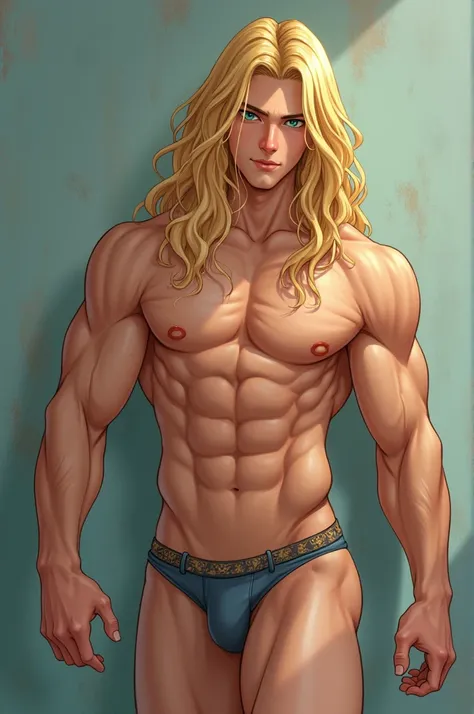 /Send a picture of a boy with long blond hair, blue and green heterochromia eyes, body muscles and big penis