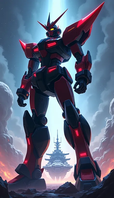 Anime Style, Full body image of a slim black and red super robot　universe, Battleship, 