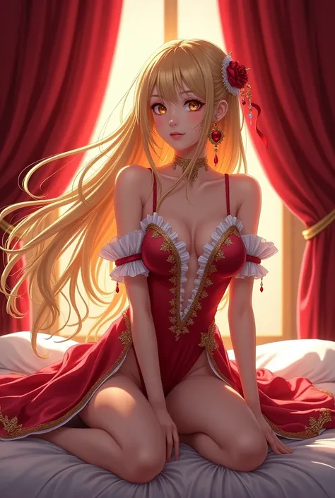 Anime character sitting on the bed with red curtains, Epic light novel art cover, Light novel cover art, Algeria Pendragon,  Wear clothes, anime goddess, epic Light novel cover art, Violet Evergarden, seductive anime girl, vinland saga, pixiv 3dcg, Blonde ...