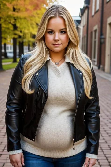 Medium view, of young aged, face portrait, Scandinavian features,long hair, very fat, chubby, blond hair, high quality, pretty, gorgeous, busty, curvy, fat, overweight, beautiful, black leather jacket over sweater, in cozy college courtyard,