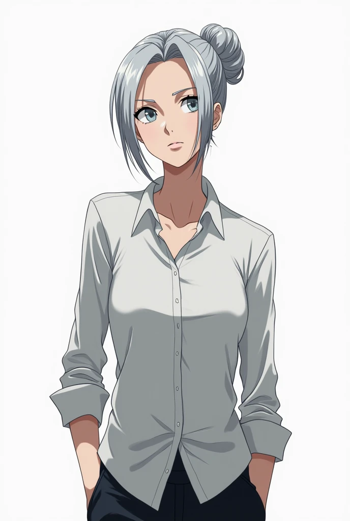 Create a full-body illustration in the art style of Bleach featuring a seraphim woman with white skin and light gray hair styled in a bun. She has five light gray eyes. She wears a long-sleeved button-up shirt and very short pants.