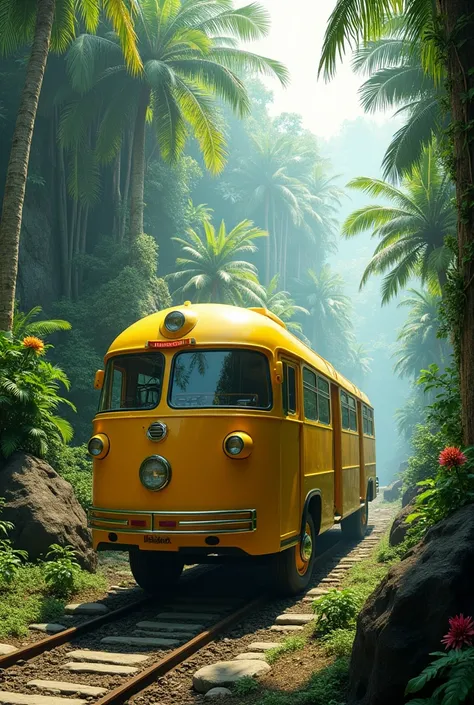 a Trolleybus yellow bus full size image ingoing to jungle 