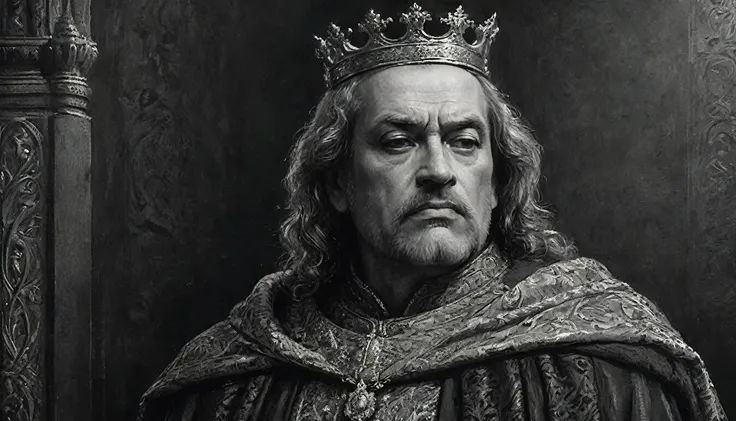 A close-up of a medieval king in the style of Gustave Doré. The king is depicted with a somber and powerful expression, his face etched with deep lines that suggest wisdom and experience. He wears a crown with detailed engravings, and his robe is richly te...