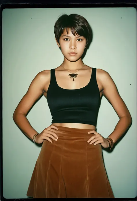 analog film photograph, Polaroid of a modern Sioux woman, 18-years-old, long, amazonian stature, athletic hourglass figure, busty breasts, narrow waist, full wide hips, big round buttocks, wearing tank top and a corduroy skirt, tan complexion, amber eyes, ...