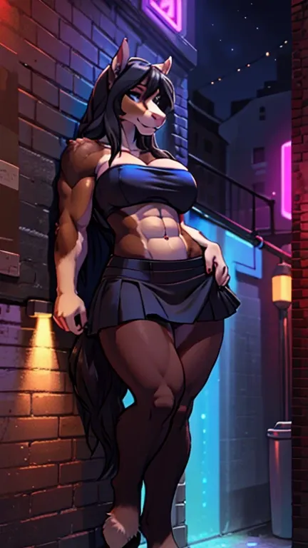 Furry female anthro, adult, full body, horse girl, equine snout, muscular, wide hips, defined_brown_abs, large_breasts, brown chest, brown stomach, chocolate_brown_fur, dark_brown_fur, black_fur, dark_brown_thighs, long black hair, hooves, brick wall, lean...