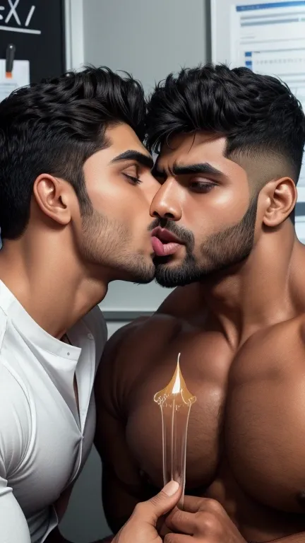 Pehlwan man Indian Gurjar gay couple wetty mouth to mouth tounge to tounge kissing and sucking lower lip, bitting lower lip during kissing saliva dripping from mouth with big shinning eyes big lips wide jawline beautiful hunk face spiky black hairstyle, se...