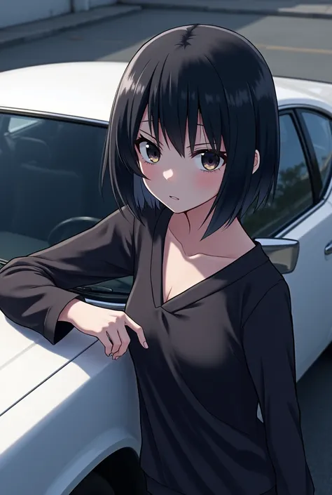 create an anime character, with short black hair and white skin, leaning against a car 