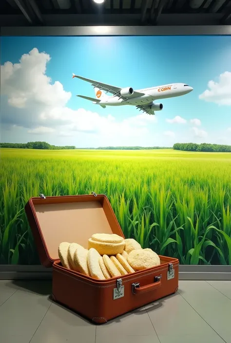 Create a background image for a billboard in an airport terminal to promote gluten-free corn flours. Create a display with an open suitcase to show the flours with a green cornfield in the background and a plane flying overhead with no sky in the photo 