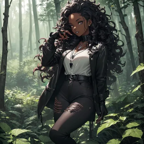 ((A single adult woman alone in the forest having black skin having curly hair, the womans style is gothic wearing a white shirt and black jeans while wearing black boots, she wears black fingerless gloves while having a skull pendant necklace)) ((day ligh...