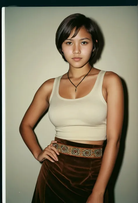 analog film photograph, Polaroid of a modern Sioux woman, 18-years-old, long, amazonian stature, athletic hourglass figure, busty breasts, narrow waist, full wide hips, big round buttocks, wearing tank top and a corduroy skirt, tan complexion, amber eyes, ...