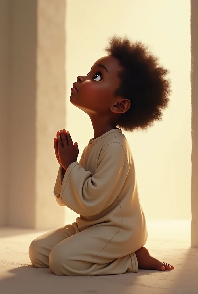 Black child with light eyes praying 