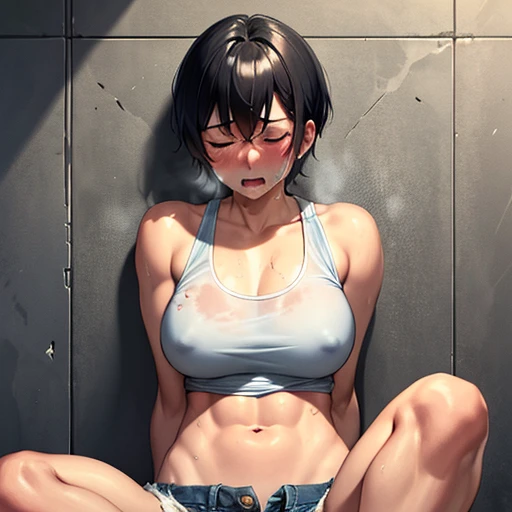 a japanese female streetfighter is beated down in the backstreet. A bloodied and bruised female fighter sits with her legs spread. She is cornered against the wall and has a lot of punches from the male fighter. she has lost. the will to fight. she has big...