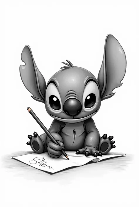 Image of Stich drawing with pencil in hand in black and white color 
