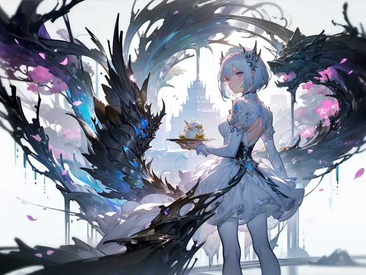 ((masterpiece, best quality)), Epic battlefield atmosphere，Silver Bell Ice Heart，Maid，Petals falling，A meticulous face，Standing image，Perfect body proportions，Stylish short hair，beautiful eyes，Fantasy style，White background，transparent，Sexy，Lace，Pantyhose