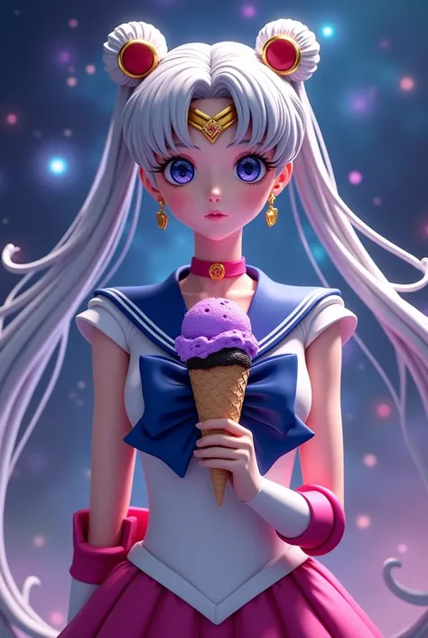 Design a totorrealistic image of Sailor moon with a purple and black ice cream, in the background the universe of colors, and that deep down says lover  