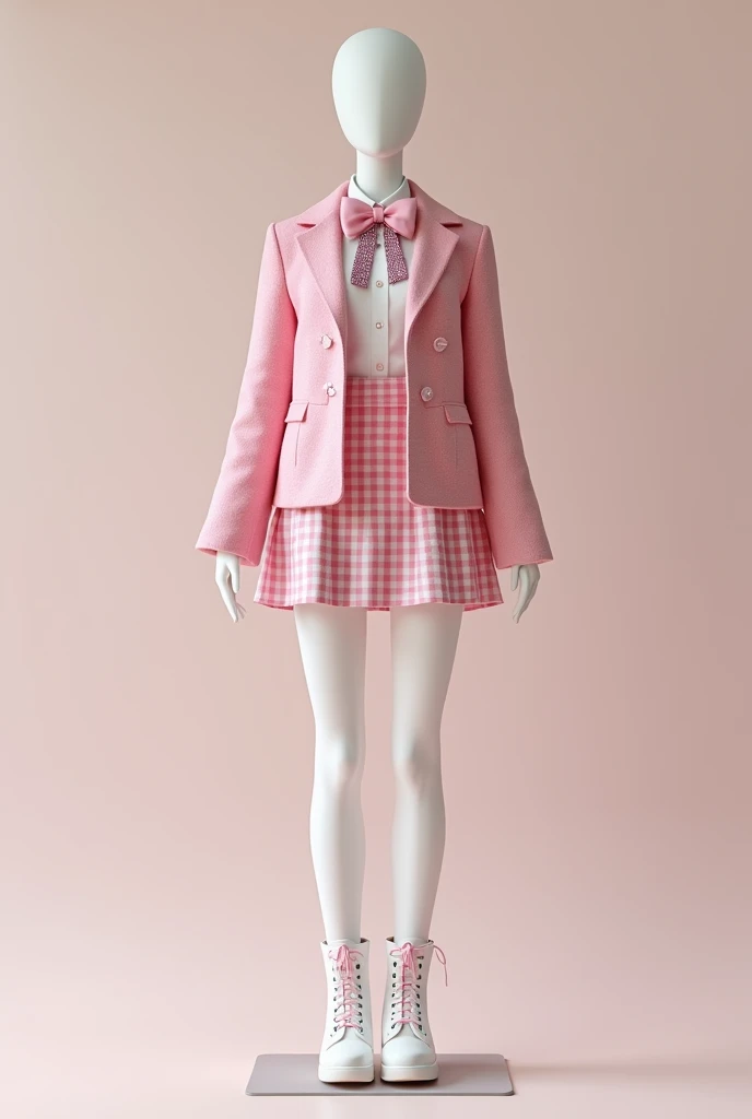 Mannequin wearing Korean school uniform, pink waist-length coat with white plaid pattern, unbuttoned, pink skirt with white plaid pattern, pink bow tie with glitter, white boots with alternating laces