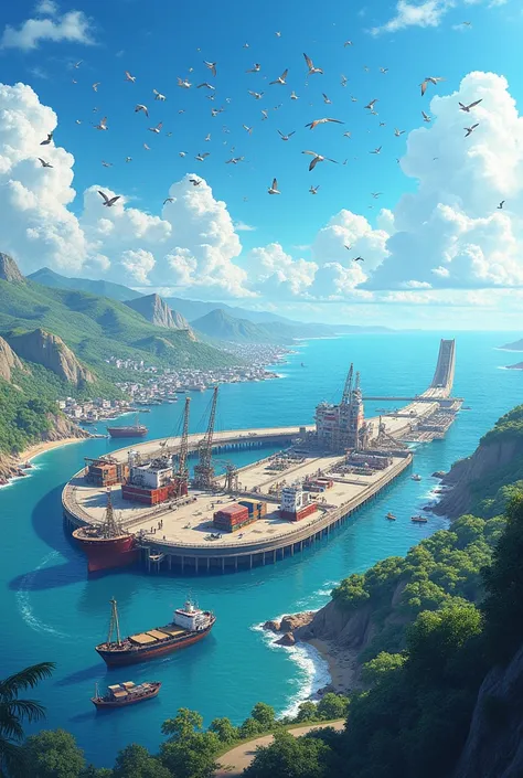 commercial port, on a hook-shaped coast, that a sky full of birds.