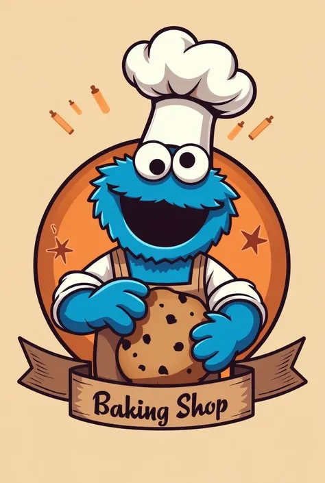 Cookie Monster Logo for Baking Shop with Chef Dress Different Creative No Horns Simple 
