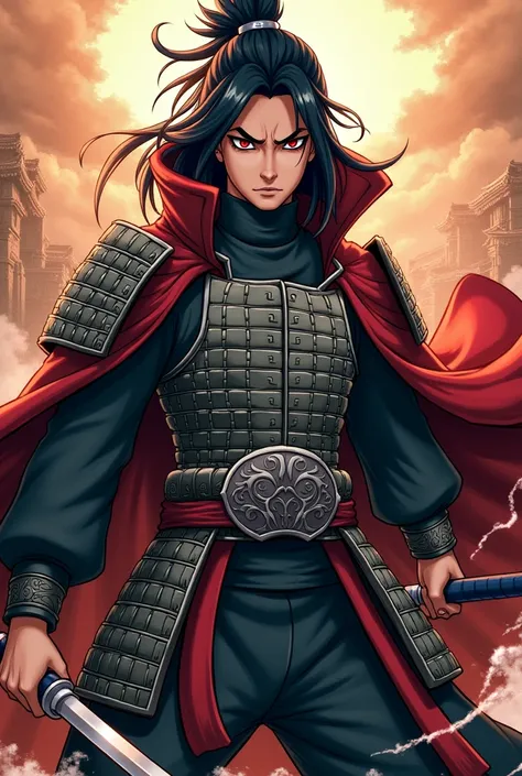 Create an image of a fierce warrior depicted in naruto anime style. The warrior should have a determined expression, with sharp, intense eyes and a strong, confident pose. Outfit the warrior in detailed, traditional armor, including a flowing cape and orna...