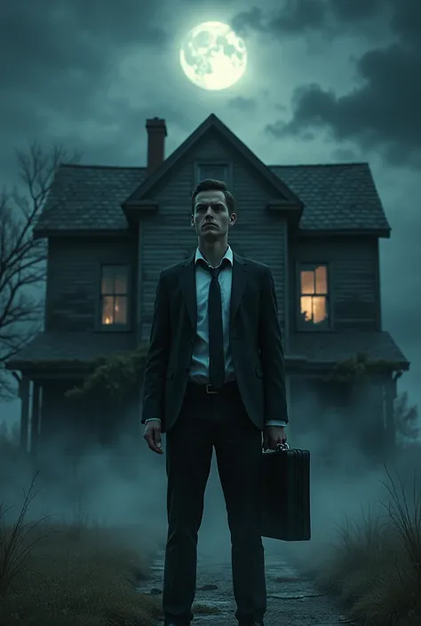 A young businessman in a tailored suit, holding a black briefcase, stands in front of a haunted house. The haunted house is old and decrepit, with broken windows, overgrown ivy, and a spooky, eerie atmosphere. The sky is dark and stormy, with ominous cloud...