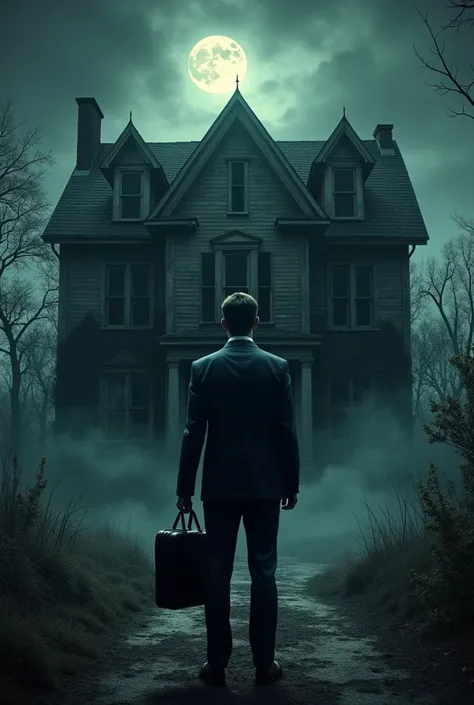 A young businessman in a tailored suit, holding a black briefcase, stands in front of a haunted house. The haunted house is old and decrepit, with broken windows, overgrown ivy, and a spooky, eerie atmosphere. The sky is dark and stormy, with ominous cloud...