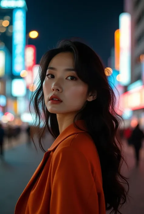 ((best quality)), ((Masterpiece)), (film aesthetics:1.4) Photo of beautiful Korean fashion model, night city bokeh