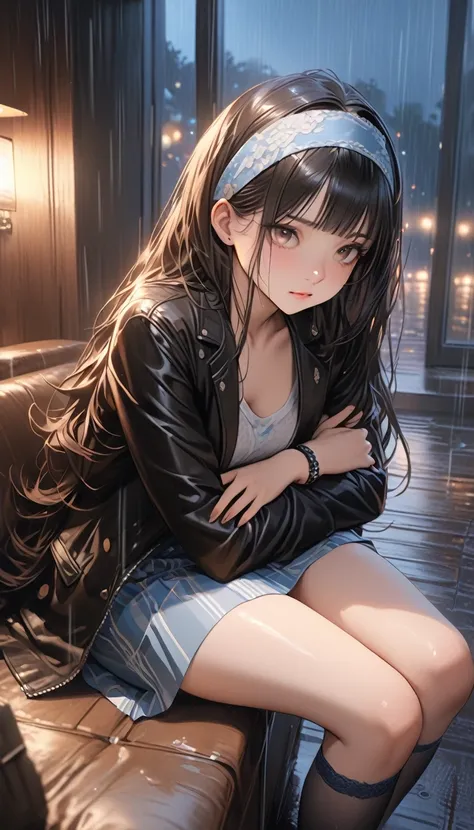 ((best quality)), ((masterpiece)), (detailed), 1girl, headbands, long hair, cute face, beautiful, black jacket, black bracelet, blue skirt, stockings, crossed arms, legs crossed, rainning, night, evening, ultra realistic, wallpaper, 8k, 