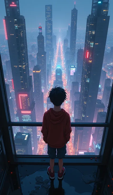 anime cyberpunk theme teenage boy looking at the city from a balcony of a skyscrapers overlooking a city(wide angle view)(glowing effect), makoto shinkai cyril rolando, makoto shinkai. —h 2160, style of afrofuturism aerial view,, ( ( makoto shinkai ) ), ma...