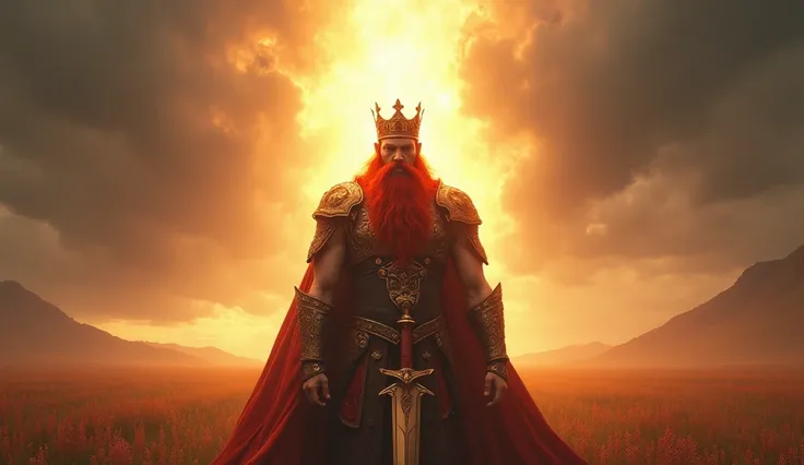 "A man with a crown on his head and a sword in his hand, in a majestic and illuminated environment, in a sophisticated and detailed artistic style, with red hair, rot, red beard." the background of the image in the field