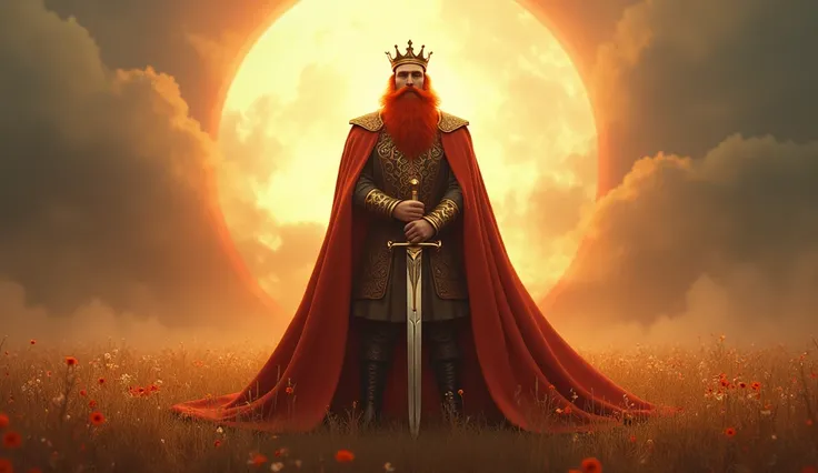 "A man with a crown on his head and a sword in his hand, in a majestic and illuminated environment, in a sophisticated and detailed artistic style, with red hair, rot, red beard." the background of the image in the field