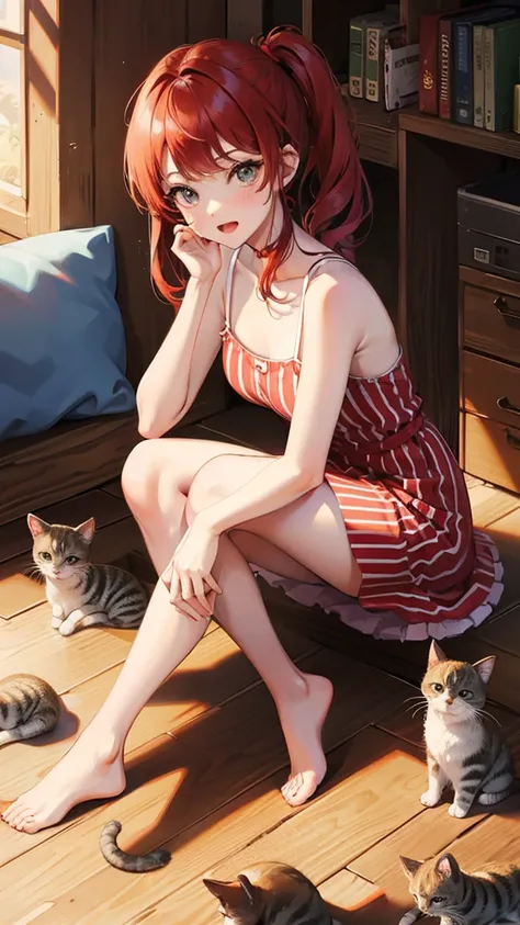 Cute red haired girl in striped dress next to a bunch of kittens
