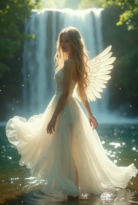 An ethereal girl with flowing, hair stands gracefully near sparkling waterfall, wearing a stunning white debutante dress adorned with lace and shimmering beads. The filters through the trees creating a magical glow around her Her angelic wings soft and pea...