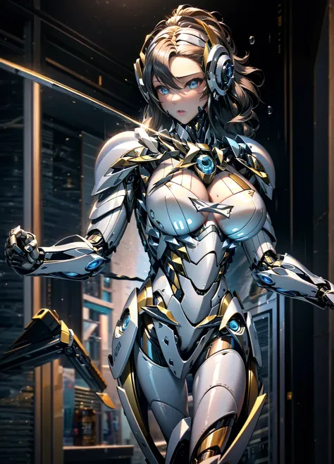 Super Detail, High Detail, high quality, best quality, High resolution，a female robot，Beautiful female robot,beautiful clear face(Rain waves_haneame：1.5)，mechanical body(whole body，body curve，Large size chest)，black machine armor，high tech，Highly mechanize...