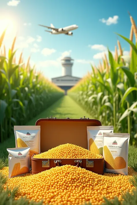 Create an image for a 6-meter wide by 3-meter long billboard to promote gluten-free corn flours. Create a display with an open suitcase filled with corn and contain the flour and corn packages on the sides with a background of a green cornfield covering th...