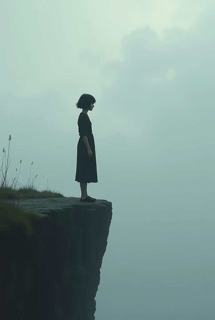 A five foot 4 inch 65 kg woman with wolf cut hair around shoulder length dress kinda masculine and very simple... Standing at the edge of a cliff looking out into depths and kinda cloudy, just contemplating life. Black hair.. Light brown skin.. Asian