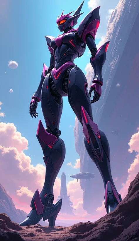 Anime Style, Giant humanoid robot, A full-body image of a slender female knight-like super robot in black and pink　universe, Battleship, 