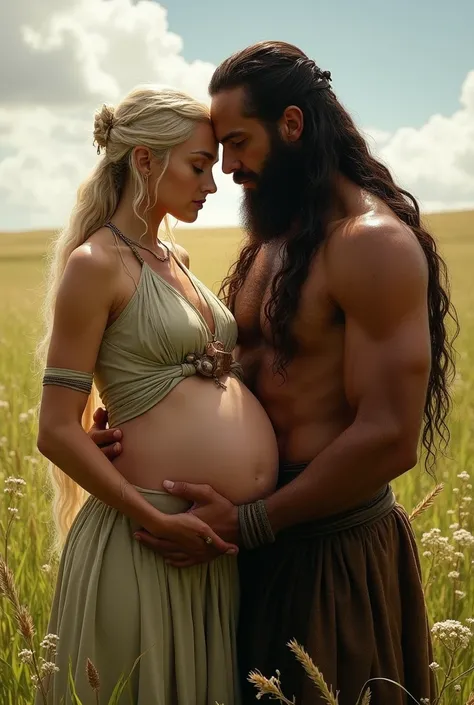 Khal drogo holding Daeneerys his arms, caressing her belly